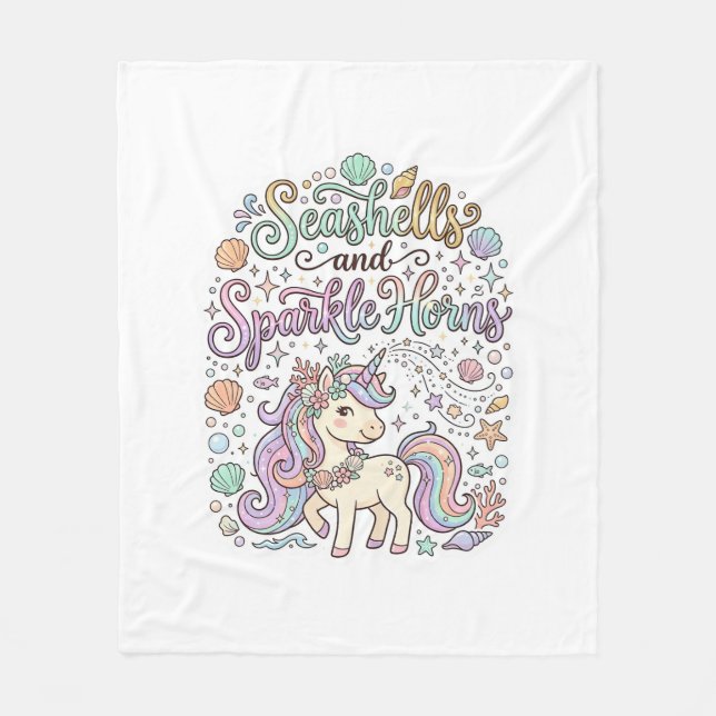 Unicorn Seashells and Sparkle Horns Premium Vector Fleece Blanket (Front)