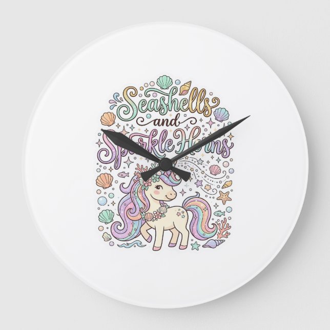 Unicorn Seashells and Sparkle Horns Premium Vector Large Clock (Front)