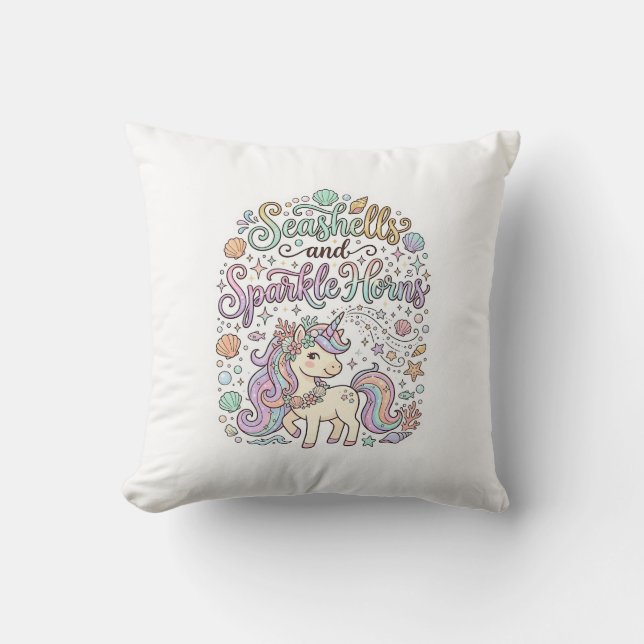 Unicorn Seashells and Sparkle Horns Premium Vector Throw Pillow (Front)