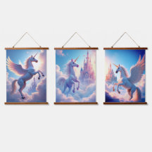 unicorn set Wood Topped Wall Tapestry three Panel