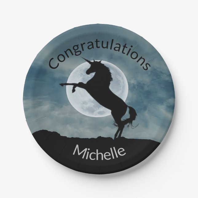 Unicorn Silhouette Full Moon Congratulations Paper Plate (Front)