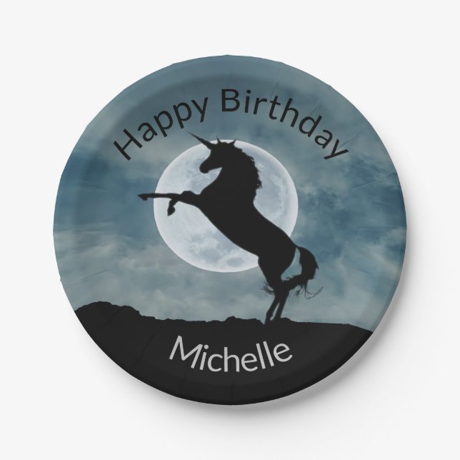 Unicorn Silhouette Full Moon Custom Birthday Party Paper Plate (Front)