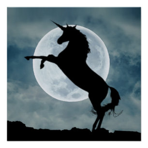 Unicorn Silhouette Full Moon Night Sky Glossy Poster