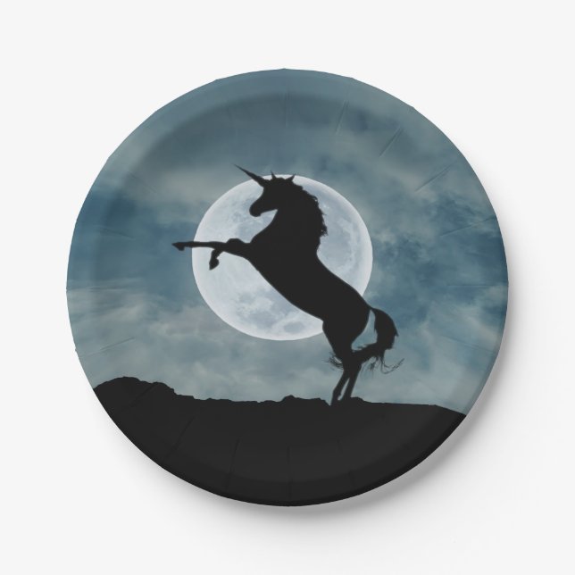Unicorn Silhouette Full Moon Night Sky Trendy Paper Plate (Front)