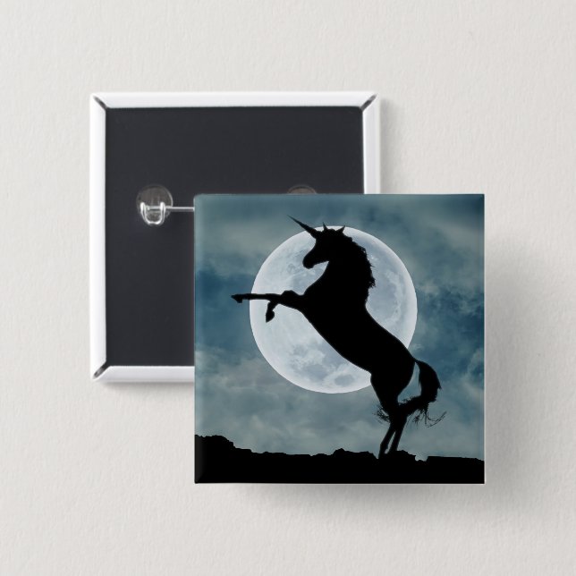 Unicorn Silhouette Full Moon Night Sky, ZKOA 2 Inch Square Button (Front & Back)
