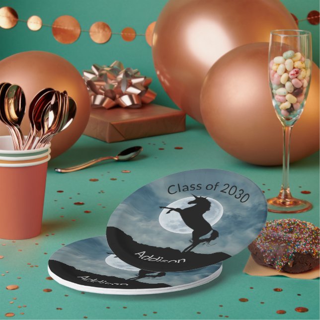 Unicorn Silhouette Moon Class of 2030 Graduation Paper Plate (Multi)