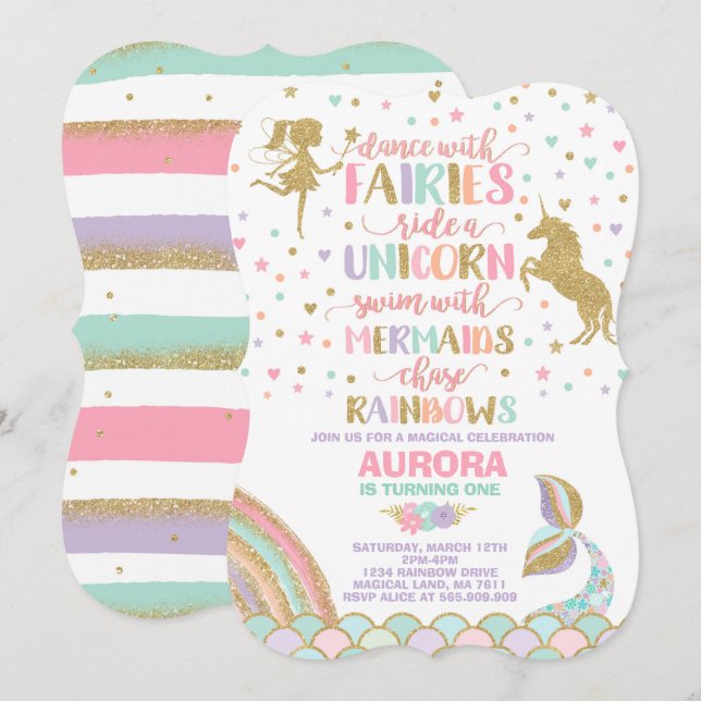 Unicorn Sirène Et Fée Invitation Anniversaire (Devant / Derrière)