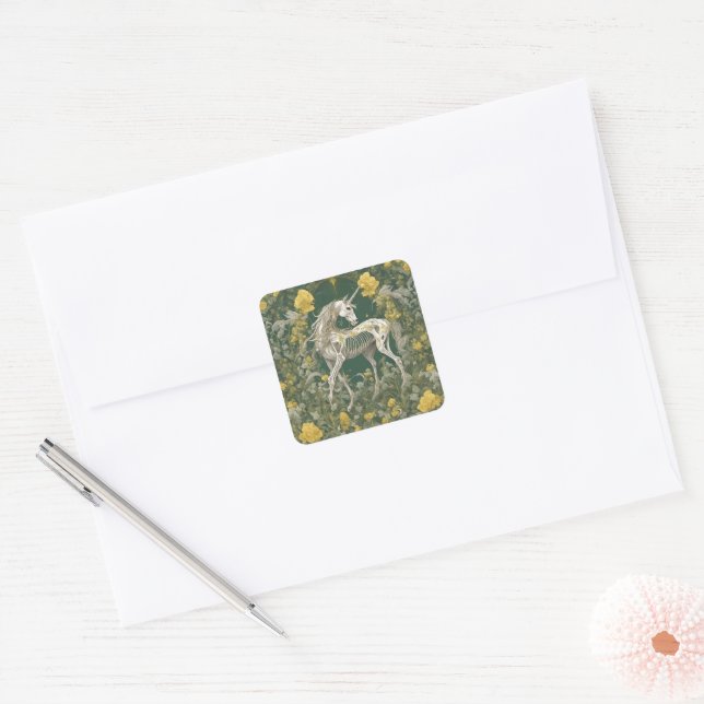 Unicorn Skeleton in the Yellow Flowers Square Sticker (Envelope)