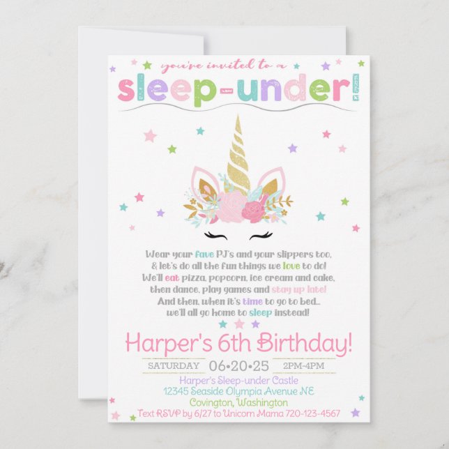 Unicorn Sleep-under Invitation, Unicorn Invitation (Front)