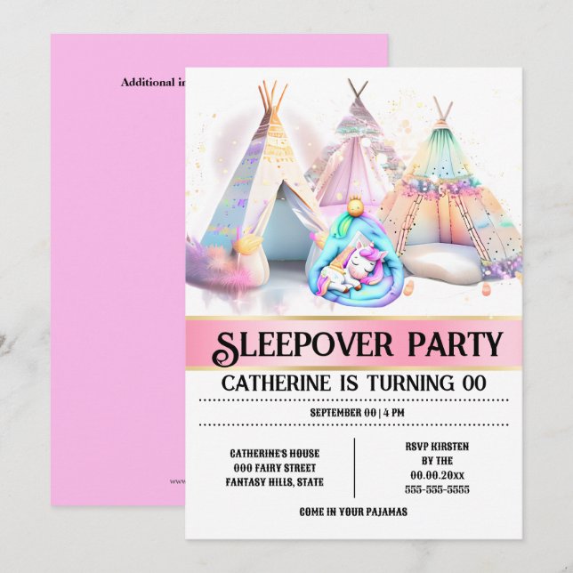 Unicorn sleeping bag teepee pink white girly sleep invitation (Front/Back)