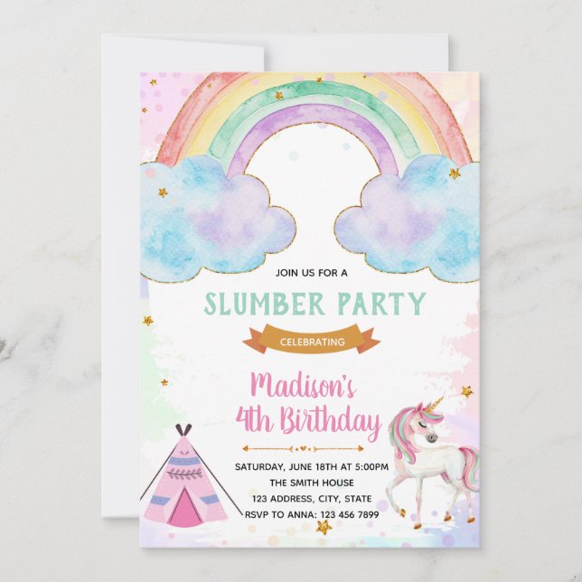 Unicorn sleepover birthday invitation (Front)