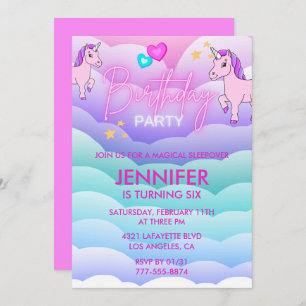 Unicorn Sleepover Invitation 6th Birthday Pink