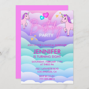 Unicorn Sleepover Invitation 8th Birthday Pink