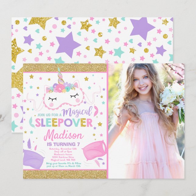 Unicorn Sleepover Party Invitation Slumber Party (Front/Back)