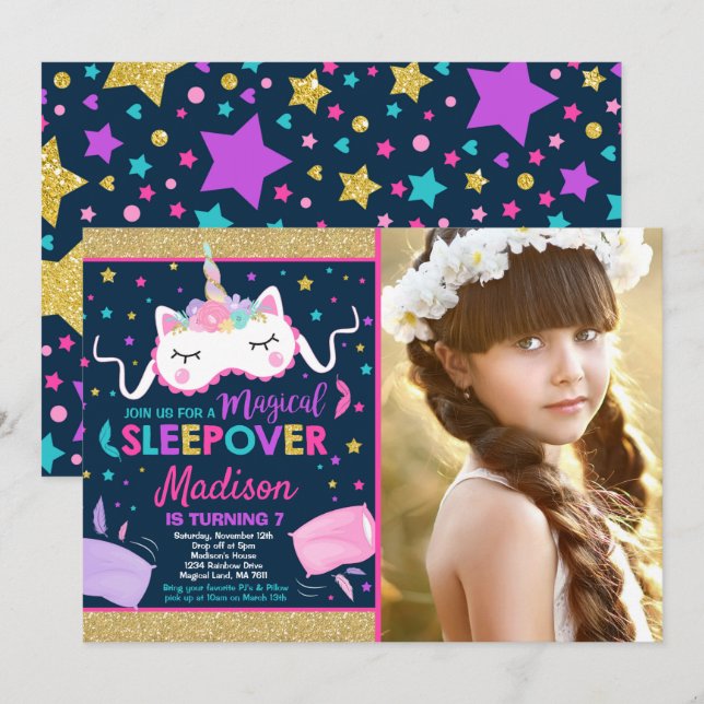 Unicorn Sleepover Party Invitation Slumber Party (Front/Back)