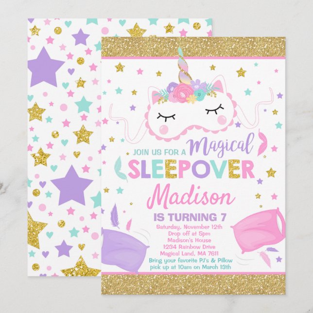 Unicorn Sleepover Party Invitation Slumber Party (Front/Back)