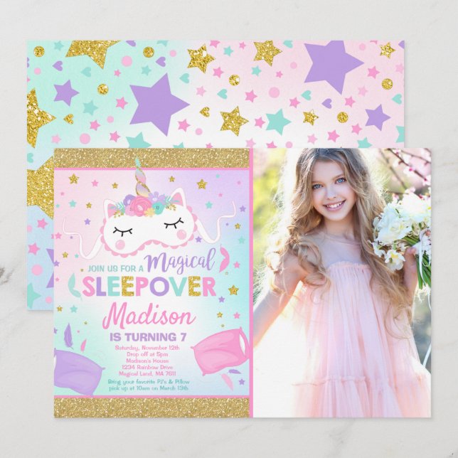 Unicorn Sleepover Party Invitation Slumber Party (Front/Back)