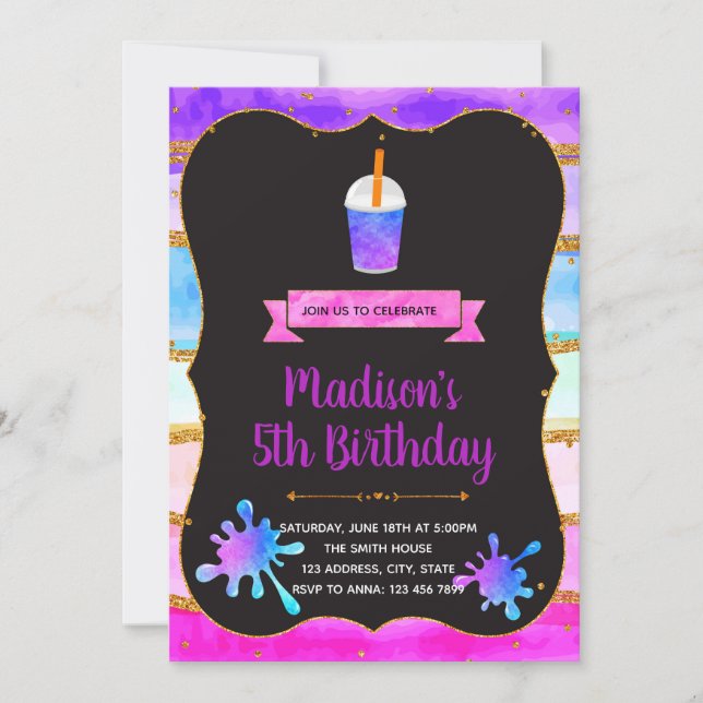 Unicorn slime and  frappuccino birthday invitation (Front)