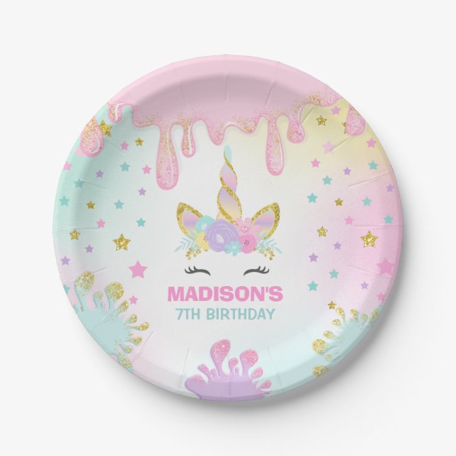 Unicorn Slime Birthday Paper Plate Slime Party (Front)
