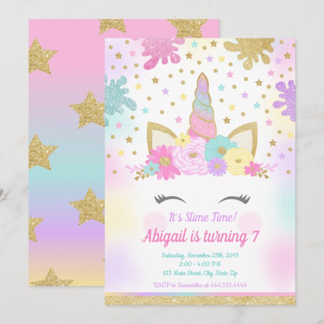 Unicorn Slime Invitation Slime Party Unicorn (Devant / Derrière)
