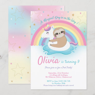 Unicorn Sloth Pool Party Anniversaire Invitation F