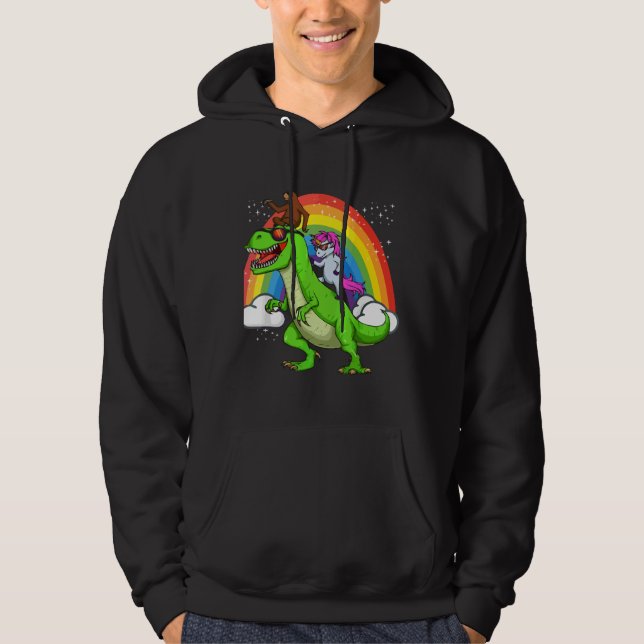 Unicorn Sloth Riding Dinosaur Rex Rainbow Cute Fun Hoodie (Front)