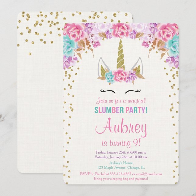 Unicorn slumber party birthday invitation (Front/Back)
