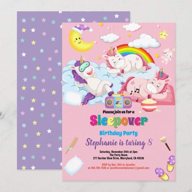 Unicorn slumber party birthday invitation (Front/Back)