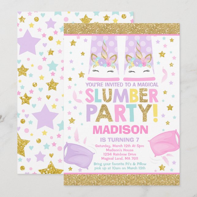 Unicorn Slumber Party Birthday Invitation (Front/Back)