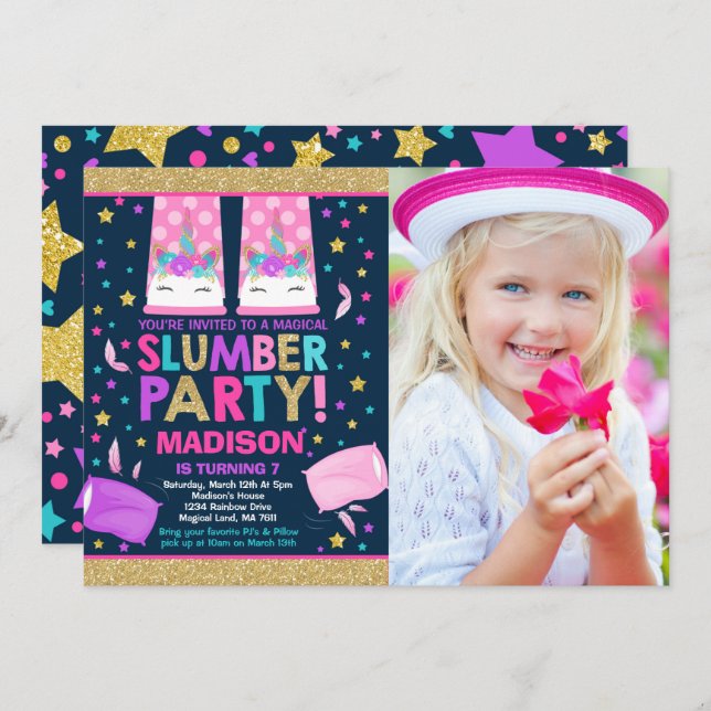 Unicorn Slumber Party Birthday Invitation (Front/Back)