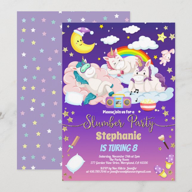 Unicorn slumber party birthday sleepover invitation (Front/Back)