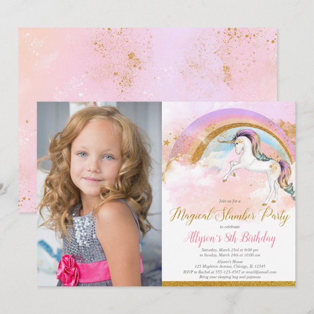 Unicorn slumber party rainbow photo invitation (Front/Back)