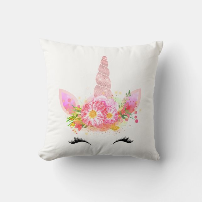 Unicorn Smiling Lashes Black Rose Gold Flowers Throw Pillow (Front)