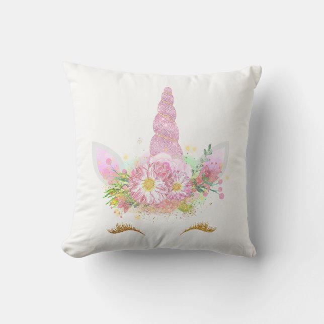 Unicorn Smiling Lashes  Face Pink Floral Girly Throw Pillow (Front)