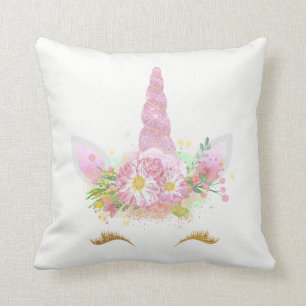 Unicorn Smiling Lashes Face Pink Floral Girly Throw Pillow