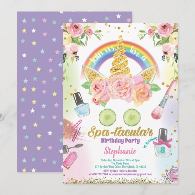 Unicorn spa party birthday invitation watercolor (Front/Back)