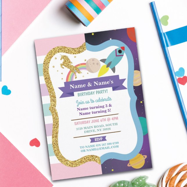 Unicorn & Space Joint Boy Girl Birthday Invites (Creator Uploaded)