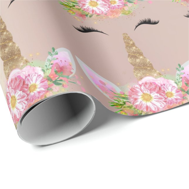 Unicorn Sparkl Glitter Pink Gold Floral Rose Blush Wrapping Paper (Roll Corner)