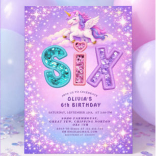 Unicorn Sparkle 6th Birthday Girl Invitation