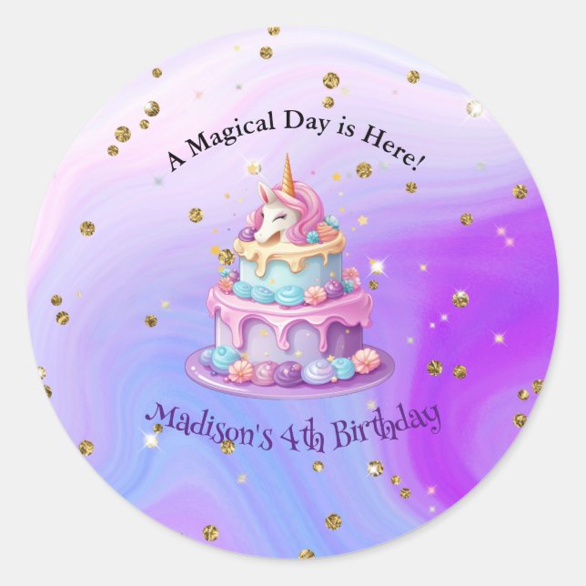 Unicorn Sparkle Blue Purple Cake 4th Birthday Classic Round Sticker (Front)