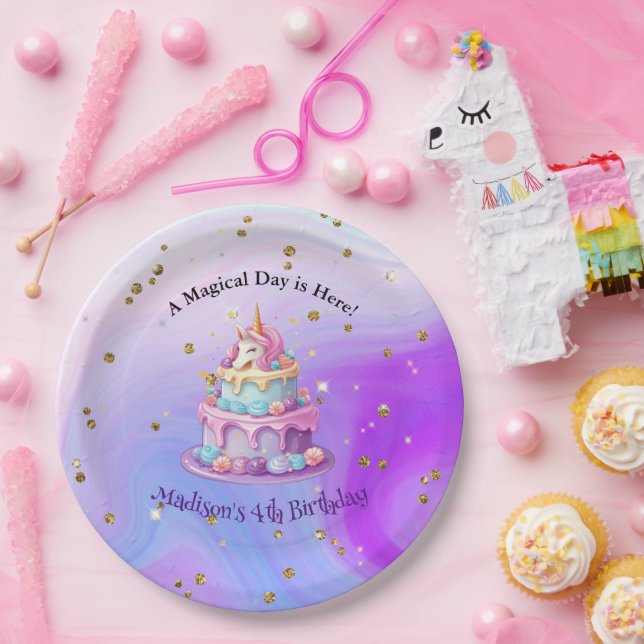 Unicorn Sparkle Blue Purple Cake 4th Birthday Paper Plate (Party)