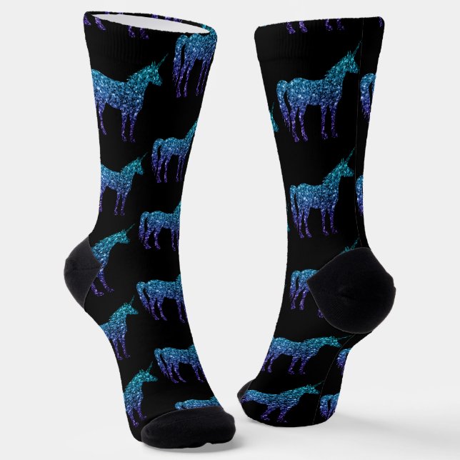Unicorn Sparkles aqua blue ombre pattern black Socks (Angled)