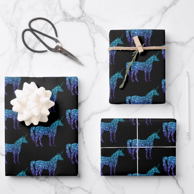 Unicorn Sparkles aqua blue ombre pattern black Wrapping Paper Sheet (Front)