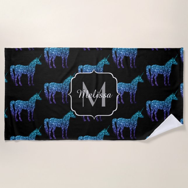 Unicorn Sparkles aqua blue ombre pattern Monogram Beach Towel (Front)