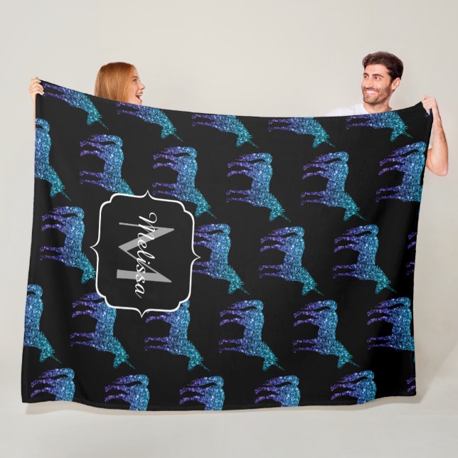 Unicorn Sparkles aqua blue ombre pattern Monogram Fleece Blanket (In Situ)