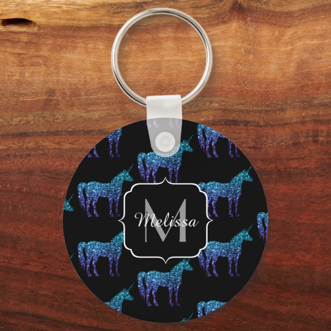 Unicorn Sparkles aqua blue ombre pattern Monogram Keychain (Front)
