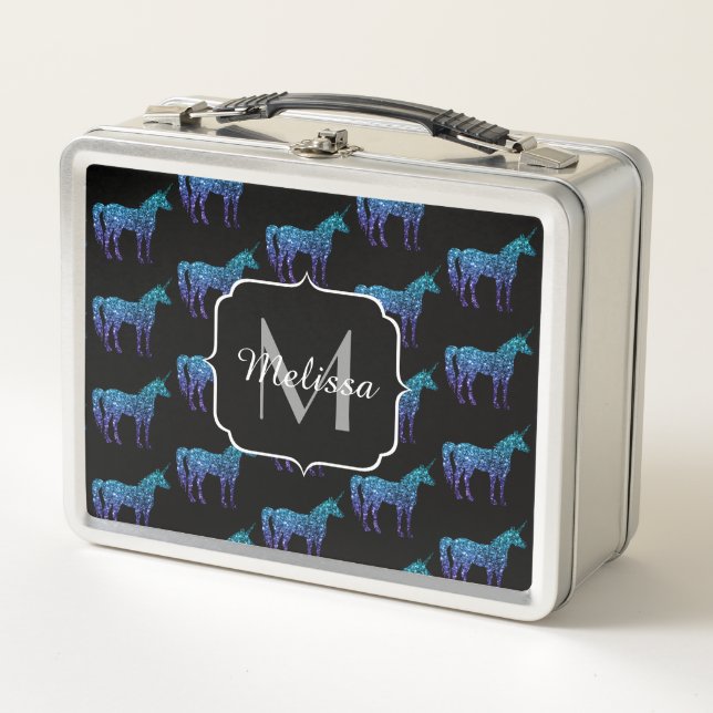 Unicorn Sparkles aqua blue ombre pattern Monogram Metal Lunch Box (Front)