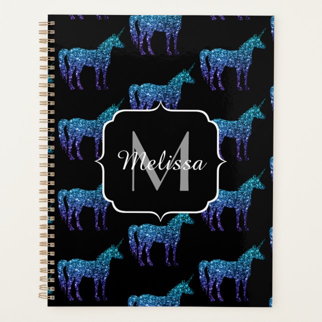 Unicorn Sparkles aqua blue ombre pattern Monogram Planner (Front)