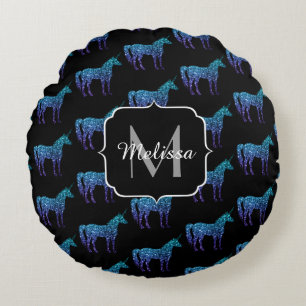 Unicorn Sparkles aqua blue ombre pattern Monogram Round Pillow