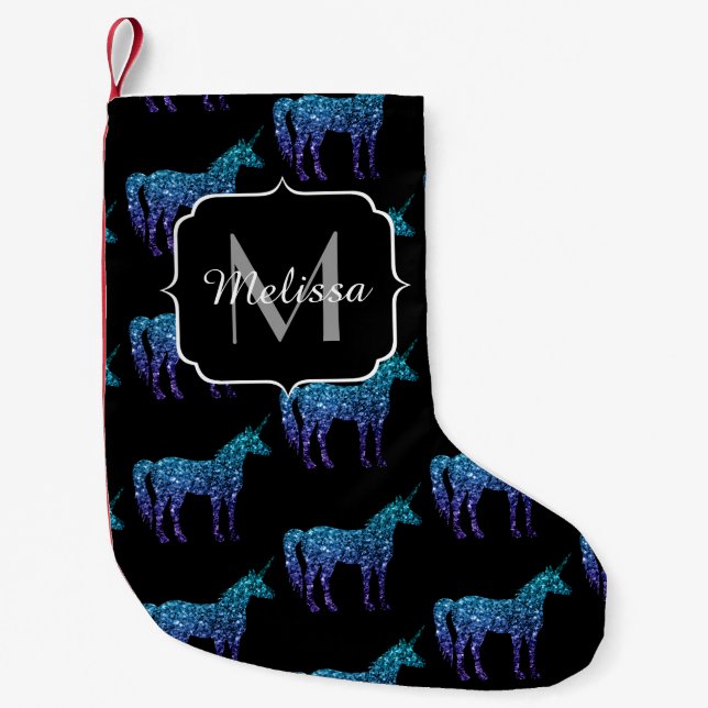 Unicorn Sparkles aqua blue ombre pattern Monogram Small Christmas Stocking (Front)